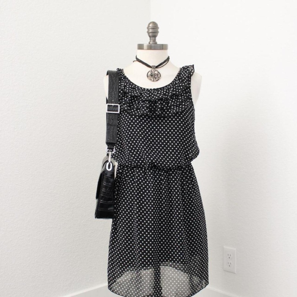 Y2k Sweet Storm vintage polka dot little black dress with ruffles womens size S